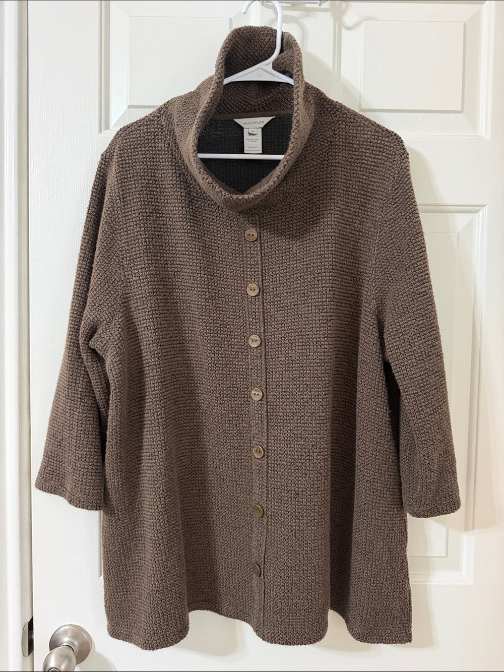 Multiples brown waffle texture mock neck 3/4 sleeve blouse w/ faux button detail